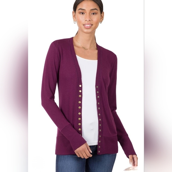 Zenana Outfitters Sweaters - Zenana Dark Plum Snap Button Long Sleeve Cardigan Sweater L